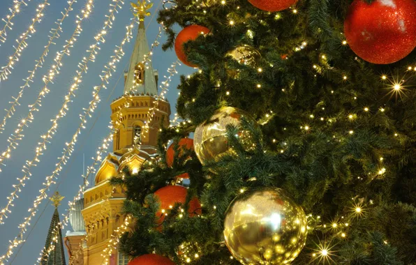 Picture balls, Christmas, Moscow, New year, tree, Russia, Red square, garland