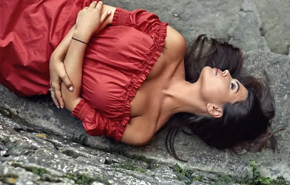 Picture girl, pose, hands, neckline, red dress, shoulders, closed eyes, Anton Artyushin