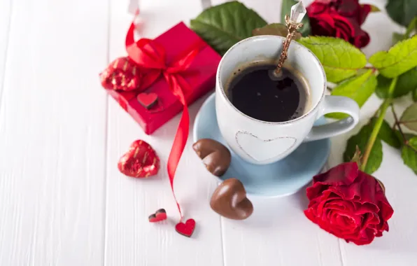 Picture flowers, gift, roses, bouquet, hearts, red, red, love, flowers, romantic, hearts, chocolate, coffee cup, valentine's …