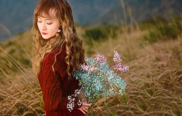 Picture field, girl, nature, bouquet, red, grass, curls, sweater