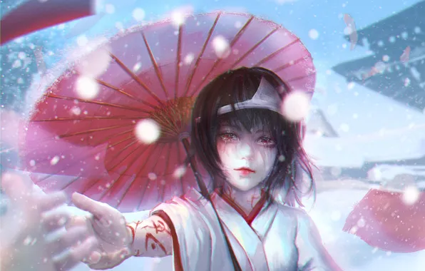 Picture girl, umbrella, hand, kimono, Diadema