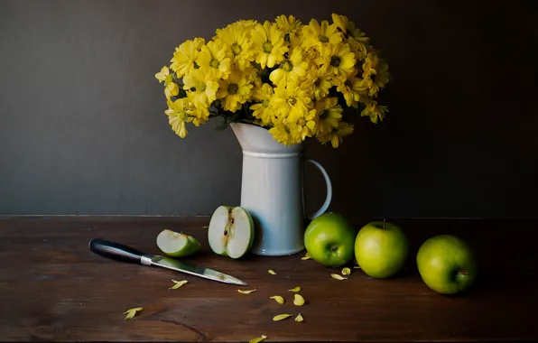Picture flowers, apples, bouquet, yellow, still life, chrysanthemum