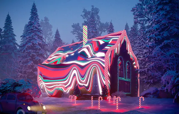 Picture forest, snow, house, car, GINGERBREAD HOUSE