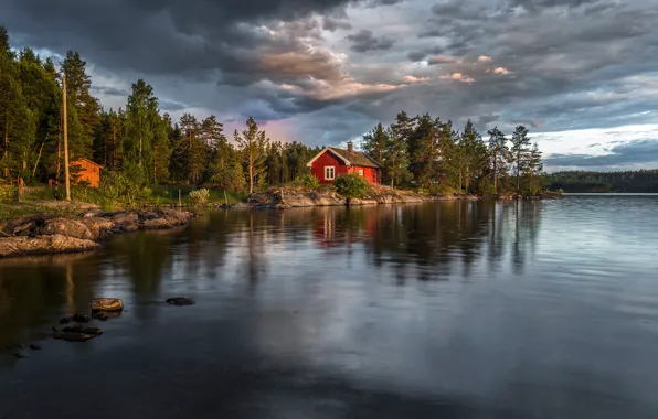 Picture forest, the sky, the sun, clouds, trees, clouds, river, stones, shore, the evening, Norway, house, …