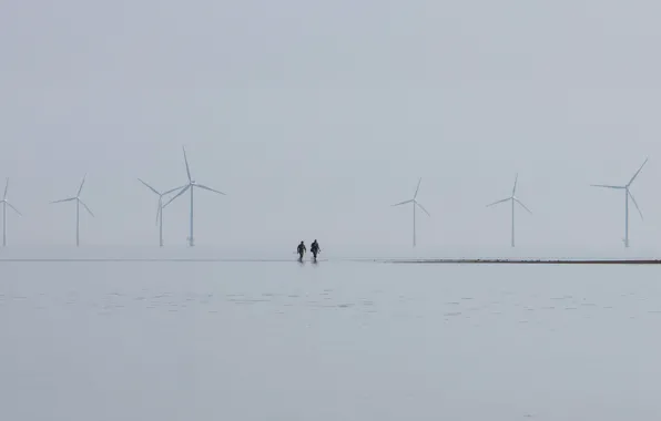 Picture sea, fog, windmills, fishermen