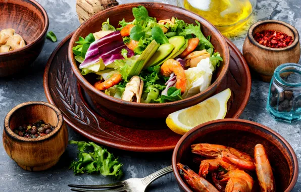 Picture lemon, food, vegetables, food, salad, shrimp, spices