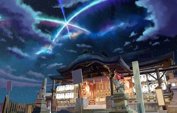 Picture clouds, night, comet, temple
