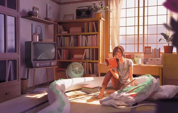 Picture dragon, books, fan, TV, window, girl, on the bed, items, in the room, reading, Hayao …