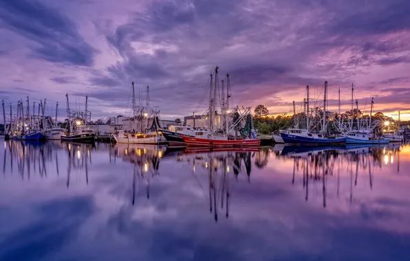 Picture reflection, boats, the evening, pond, lilac
