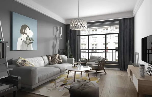 Picture design, style, interior, living room, gray nordic living room