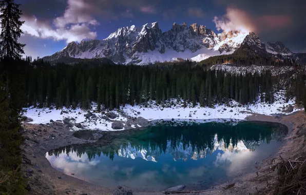 Picture forest, snow, mountains, lake, reflection, Italy, Pascal Debrunner