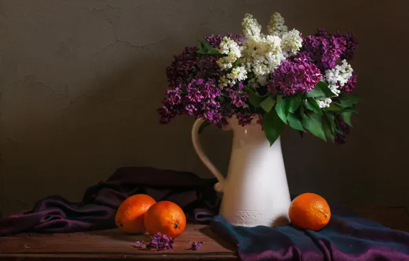 Picture branches, oranges, fabric, pitcher, still life, lilac, shawl