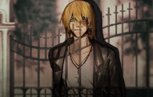 Picture cross, fence, guy, Death Note, Mello