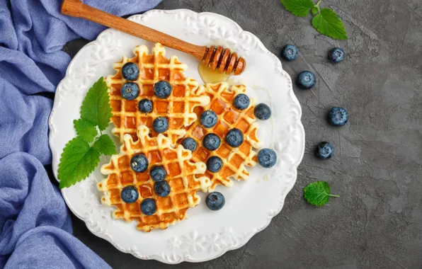 Picture berries, blueberries, honey, plate, waffles