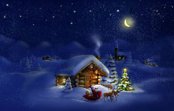 Picture new year, night, winter, snow, santa claus, sleigh