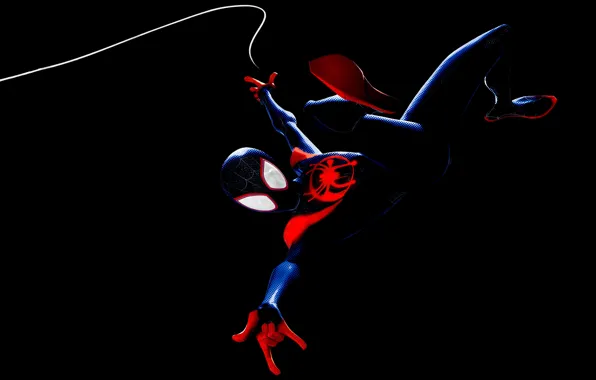 Picture fiction, cartoon, web, costume, black background, poster, Miles Morales, Spider-man: universes, Spider-Man: Into the Spider-Verse