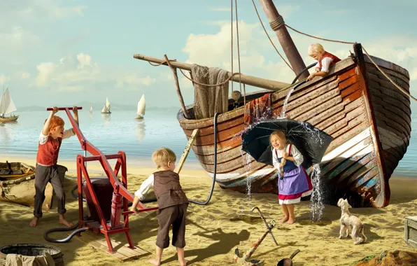 Picture sand, sea, water, children, dog, boats, umbrella, girl, hose, boys, pranksters, Dmitry Yanin
