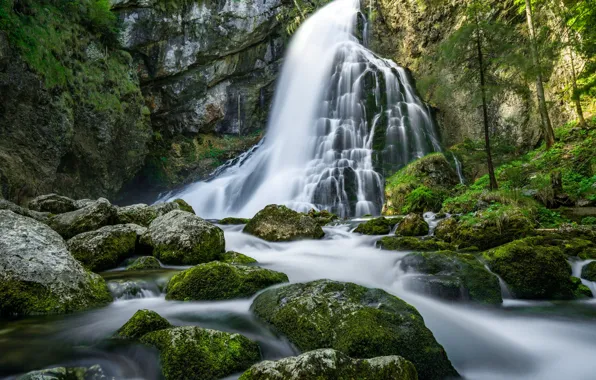 Picture rock, river, stones, waterfall, moss, Austria, cascade, Austria, Salzburg, Salzburg, Golling Waterfall, Black Brook Creek, …