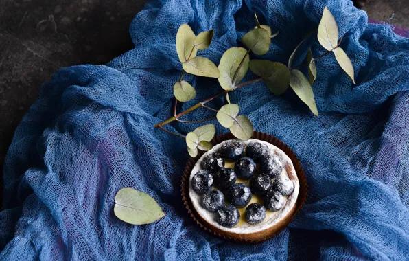 Picture leaves, berries, food, branch, blueberries, fabric, blueberry pie