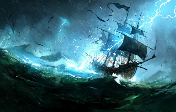 Picture The ocean, Sea, Lightning, Ship, Storm, Concept Art, Dominik Mayer, Environments, The Whaler, Storytelling, by …