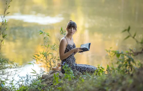 Picture summer, look, girl, nature, river, book, Ella Hunt