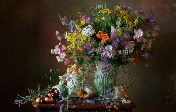 Picture bouquet, strawberries, vase, currants, cherry, wildflowers, apricots, daylilies, mallow