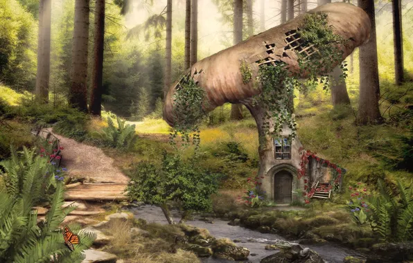 Picture forest, stream, butterfly, mushroom, frog, fantasy, house, path, photoart