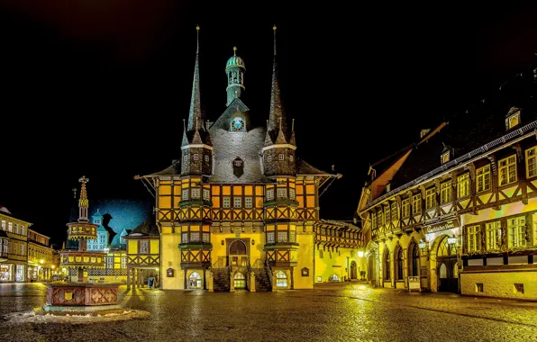 Picture night, the city, building, home, Germany, lighting, area, town hall, Saxony-Anhalt, Wernigerode