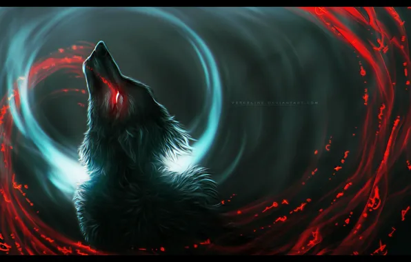 Picture wolf, predator, wool, werewolf, art, bloody tears, in the dark, burning eyes, black magic, Vyrosk