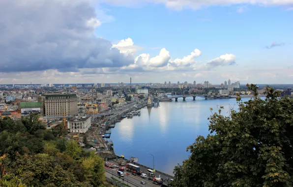 Picture summer, the sky, water, the city, river, Ukraine, Dnepr, Kiev, architecture