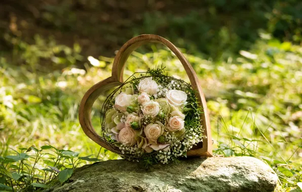 Picture light, flowers, nature, stone, heart, frame, roses, bouquet, white, bokeh, composition, wedding, the bride's bouquet