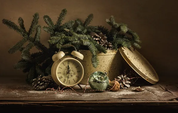 Picture branches, holiday, box, toy, watch, new year, ball, spruce, alarm clock, tree, nuts, bumps