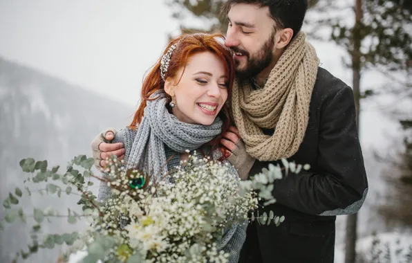 Picture winter, girl, snow, trees, love, joy, flowers, nature, mood, pair, guy, two, smile, redhead, lovers, …
