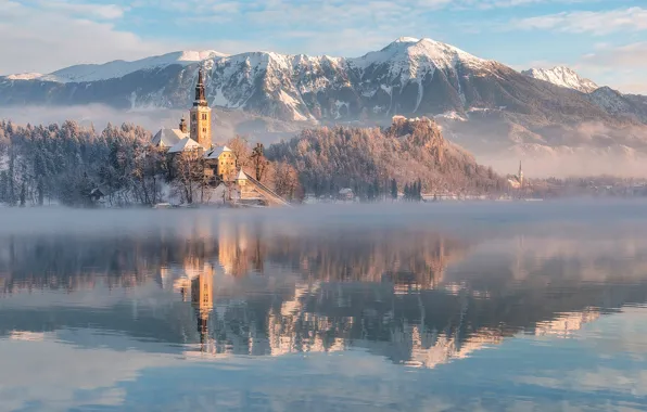 Picture winter, mountains, lake, reflection, Church, Slovenia, Lake Bled, Slovenia, Lake bled, Bled, Assumption of Mary …