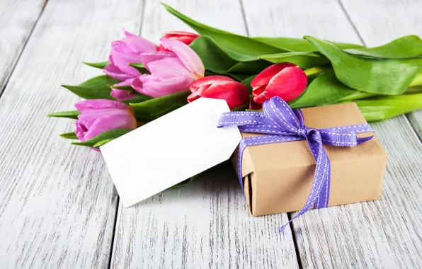 Picture flowers, gift, bouquet, colorful, tulips, pink, flowers, tulips, spring, purple, gift box