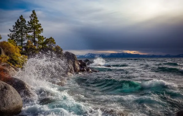 Picture wave, trees, mountains, squirt, lake, stones, storm, pine, Nevada, Nevada, Lake Tahoe, Lake Tahoe