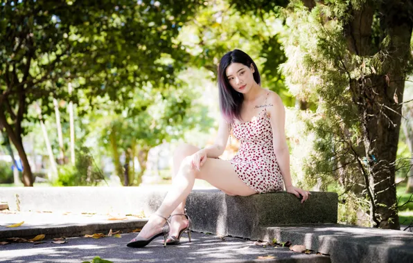 Picture girl, dress, legs, Asian, sitting