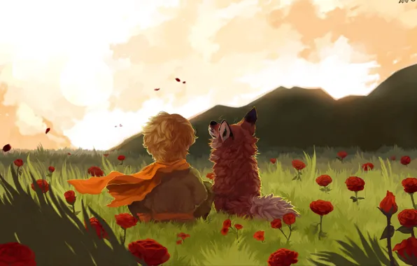 Picture fox, field, landscape, art, flowers, mountains, painting, child