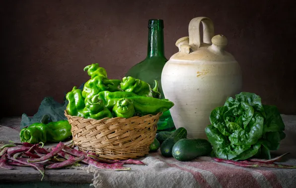 Picture green, the dark background, table, bottle, pepper, pitcher, still life, items, cabbage, composition