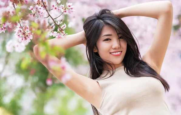 Picture girl, smile, spring, Asian, flowering, cutie