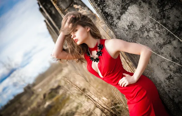 Picture girl, pose, figure, red dress, necklace