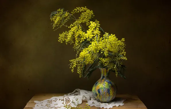 Picture flowers, branches, bouquet, spring, yellow, vase, still life, flowering, napkin, Mimosa