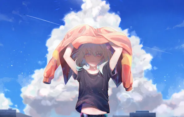 Picture the sky, clouds, jacket, guy, Lio Fotia, Promare