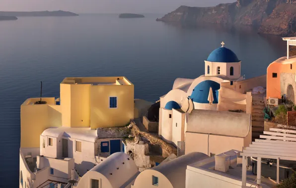 Picture sea, landscape, mountains, the city, rocks, island, home, morning, Santorini, Greece, Church, the dome, Thira, …