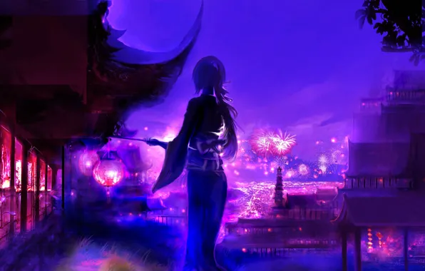 Picture girl, night, the city, fireworks