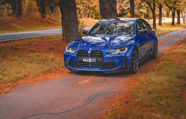 Picture BMW, Blue, Autumn, BMW M3, Road, Sedan, Forest, G80, 2022