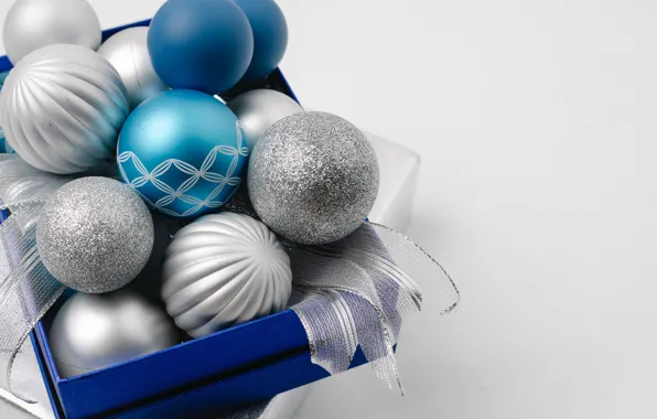 Picture balls, close-up, holiday, box, blue, Christmas, tape, New year, light background, blue, Christmas decorations, silver, …
