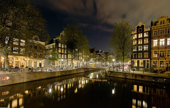 Picture the sky, clouds, trees, night, bridge, lights, home, stars, Amsterdam, lights, channel, Netherlands, bikes