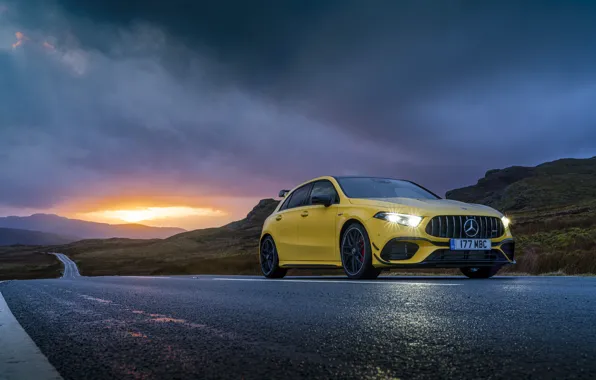 Picture road, sunset, overcast, lights, Mercedes-Benz, AMG, hatchback, UK-spec, 2020, 4MATIC+, A45 S, Aerodynamic Package