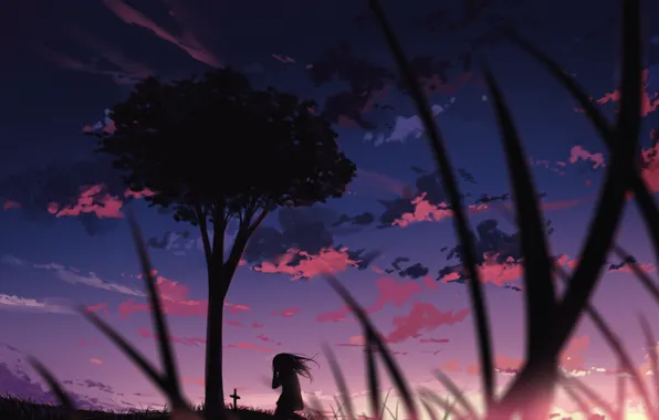 Picture the sky, girl, trees, sunset, crying, grave, by arttssam